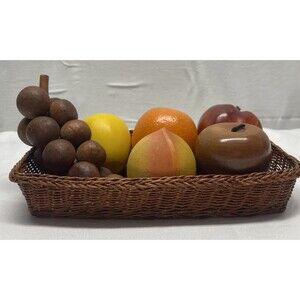 Vintage Retro MCM Solid Wood Lot Colored Fruit Hand Carved 6 Pieces + Basket